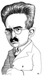 Krigsbevidsthed. Nazismen og depressionen prægede hele Benjamins liv. Tegning: Anne-Marie Steen Petersen. Klik på billedet for fuld størrelse. 