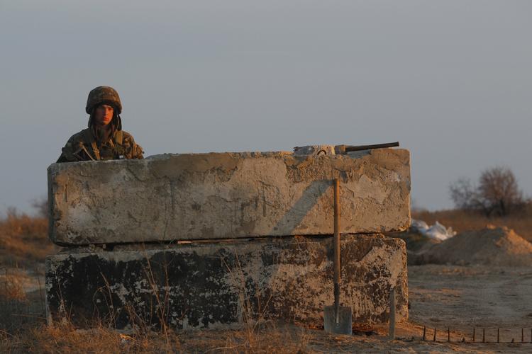 BEVOGTNING. Ukrainsk soldat ved en kontrolpost nær landsbyen Strilkove. 