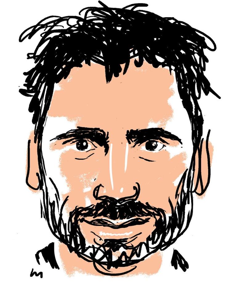 Barfoed. Filminstruktør født 1972. Har for nylig fået finansieret sit drømmeprojekt: en film om Danmarks europamesterskab i fodbold i 1992. Tegning: Mette Dreyer 