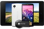TILGÆNGELIG. Googles Nexus 7 (bagerst), Nexus 5 (i midten) og Chromecast kan nu købes via den danske Google Play Store. Derudover er det nu også muligt at købe film i den danske udgave af Googles butik. (Foto PR/Google) 