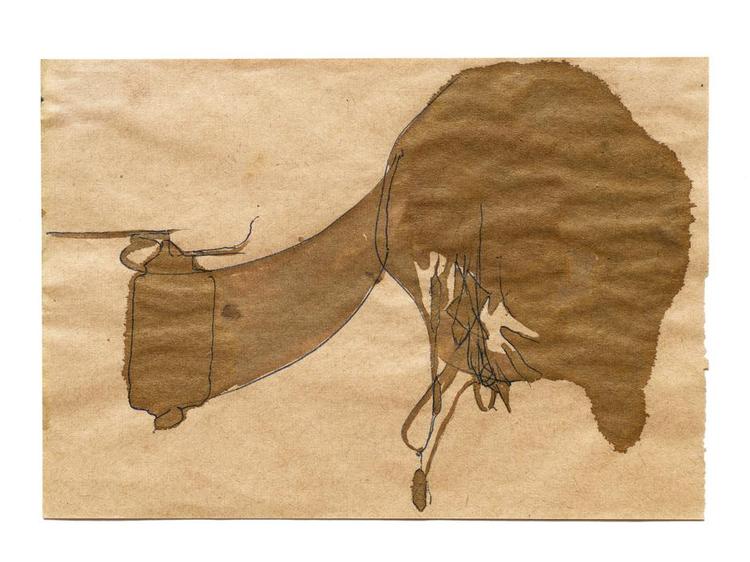 Håndgode. Små tegninger på forskellige papirkvaliteter, som man har lyst til at røre ved og dreje i hænderne, men de er dækket bag glas. Her ses 'Voksskulptur' (1952). 