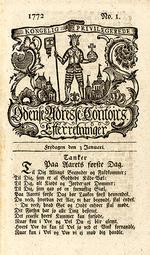 Historie. Odense Adresse Kontoirs Efterretninger 2. januar 1772 med »Tanker På Aarets første Dag«. 