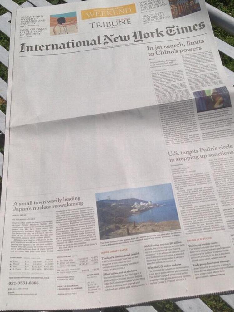 Foto af forsiden af The New York Times fra Twitter. 
