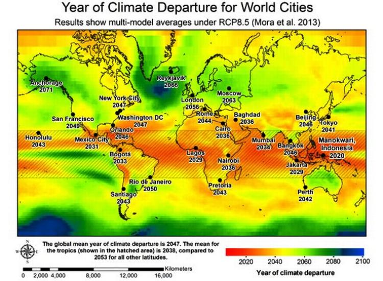 KLIMASKIFT. Verdenskortet viser, hvornår klimaforandringerne vil være slået igennem. De røde områder rammes først, mens grønne får lidt længere frist. 