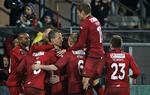 Superliga. FC Nordsjælland jubler efter Nicolai Stokholms mål til 1-0 mod AGF. Stokholm er 38 år og stopper sin karriere til sommer. 