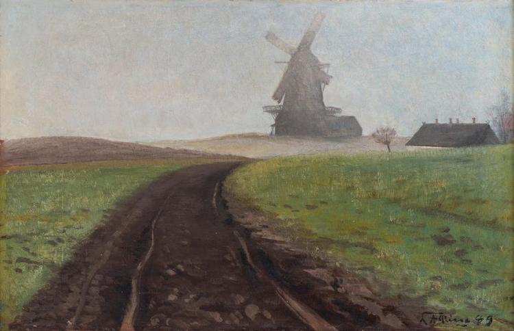Undervejs. Her ses L.A. Rings 'Tåget landskab med Mogenstrup Mølle' fra 1889. I slutningen af 1800-tallet er der ikke længere en kirke for enden af vejen, og heller ingen frelse for mennesket. 