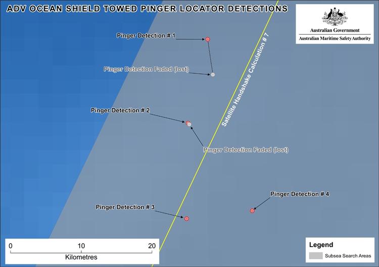 Dette billede fra eftersøgningen af MH370 viser, hvor der er registreret ping-lyde i de seneste dage. 