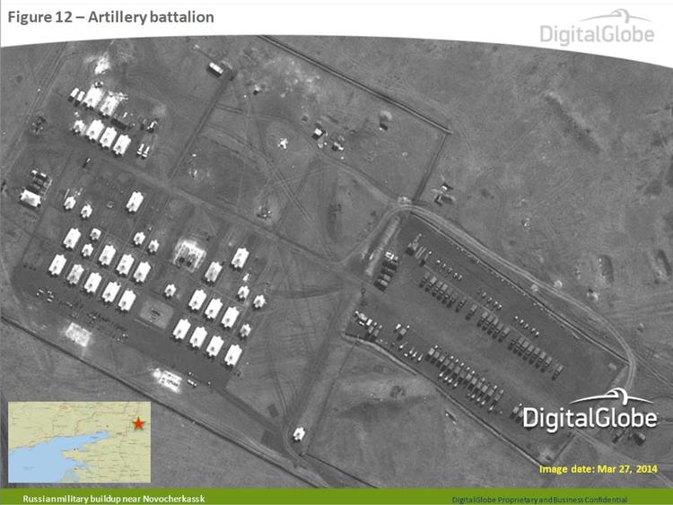 Internationalt. Et satellitfoto frigivet af Nato, der ifølge forsvarsalliancen viser russisk artilleri på en base nær Novocherkassk i det sydlige Rusland. Foto: AP /DigitalGlobe. 