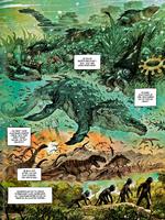 skabelsen. I flotte helsides 'anskuelsestavler' udfordres Guds hånd af fænomener som dna-strenge og her evolutionens geled af aber under udvikling. Tegning fra bogen 