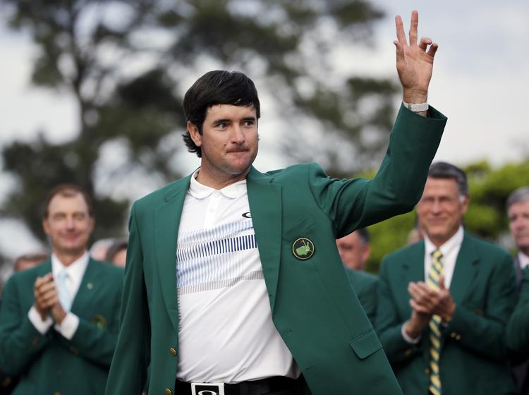 Jakken. Mastersvinderen Bubba Watson i den berømte grønne vinderjakke som symbol på at han er årets vinder af årets første Masters. 