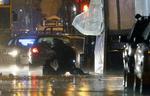 Boston. Politiets ammunitionsryddere undersøger resterne efter en mistænkelig rygsæk, der blev bortsprængt på grund af bombefrygt ved mindedag for terrorangrebet ved Boston Maraton. 