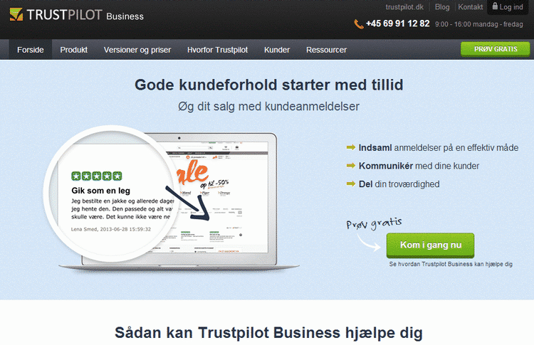 Afvisning. »Den vigtigste debat burde handle om, at virksomheder på nettet, der aktivt indgår i dialog med deres kunder og beder deres kunder give feedback online, vil fremstå bedre end virksomheder, der ikke gør«, siger stifter og leder af Trustpilot, Peter Holten Mühlmann. Skærmdump af den del af hjemmesiden, der henvender sig til virksomheder. 