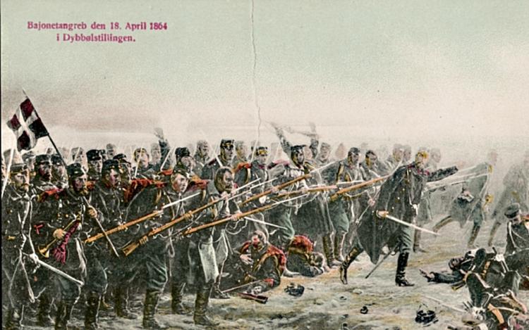 Årsdag. Maleri, der forestiller 8.brigades modangreb ved Dybbøl. 
