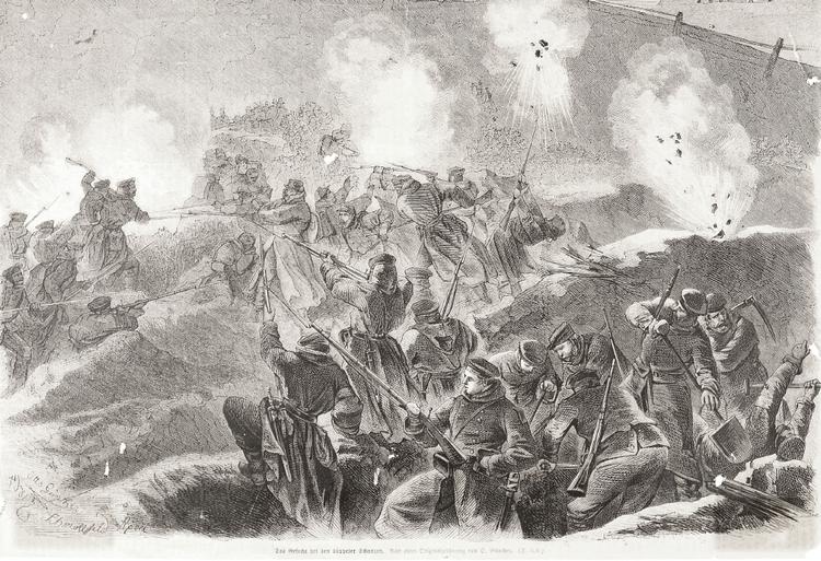 Årsdag. Kobberstik, der viser det historiske slag ved skanserner ved Dybbøl. 