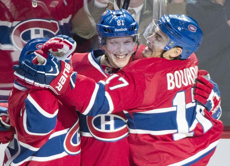 mål. Lars Eller (midt) scorede endnu et vigtigt mål for Montreal Canadiens, som nu er videre i slutspillet i NHL. 