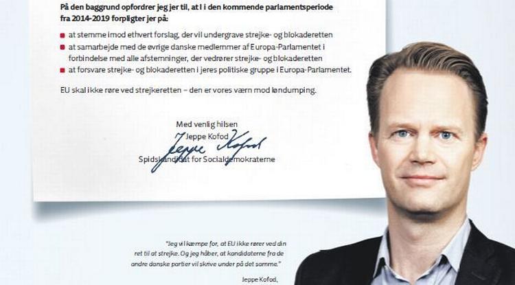 Valgannonce. Jeppe Kofod vil have de øvrige partiers spidskandidater til at skrive under på, at de ikke vil pille ved den danske model. 