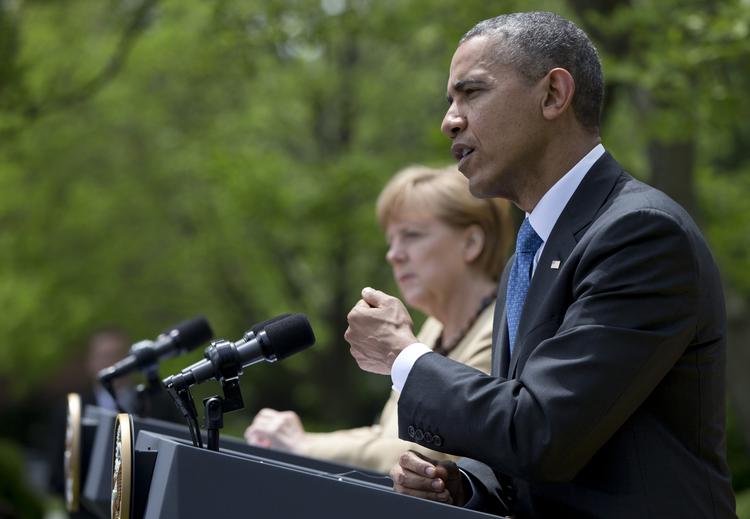 Pressemøde. Den tyske kansler, Angela Merkel, og den amerikanske præsident, Barack Obama, i Washington. 