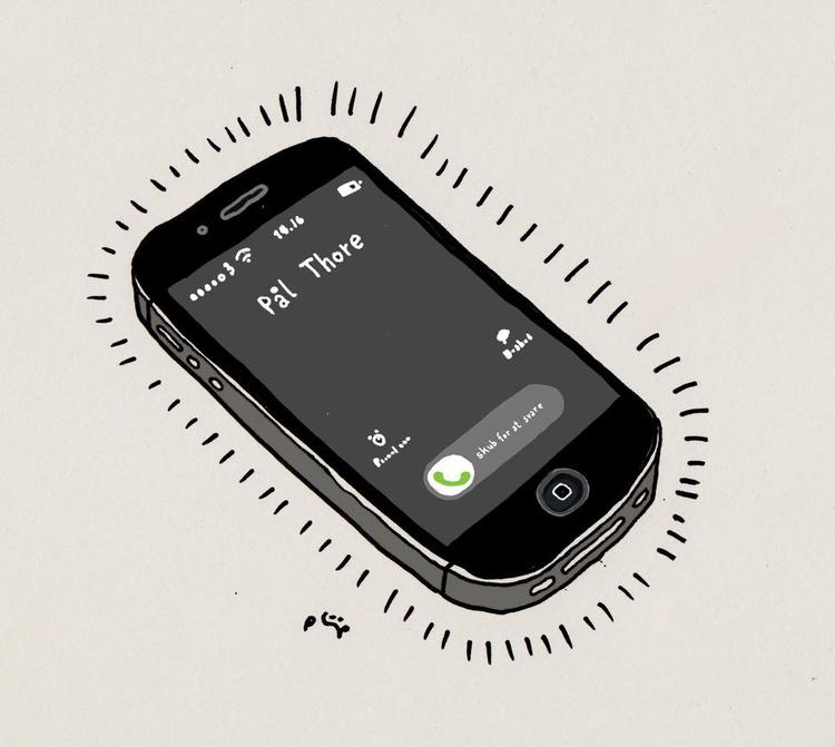 Opkald. Tager Qvortrup telefonen? Tegning: Philip Ytournel 