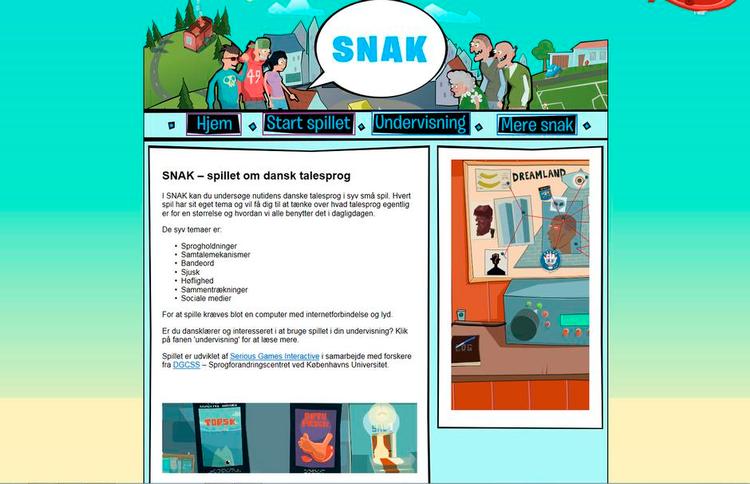Snak. I løbet af en uge bliver snakspillet.dk tilgængeligt på nettet. Her kan gymnasieelever og andre interesserede spille sig til mere viden om talesproget. Spillet er gratis og kan bruges af alle. 