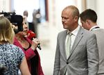 Politik. Lars Løkke Rasmussen er i strid modvind på Christiansborg i dag. Her møder finansordfører Peter Christensen pressen efter gruppemøde. 