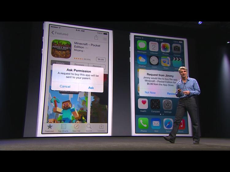 FAMILIEVENLIGT. Apples Craig Federighi demonstrerer Family Sharing i iOS8, hvor sønnike f.eks. kan anmode om køb i en app på sin iPhone, og Far så siger OK til at trække på kreditkortet via sin ditto. (Foto: Apple PR/Screenshot) 