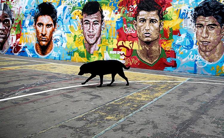 superangribere. En mur i en af favelaerne i Rios udkant er dekoreret med en stribe af fodboldens aktuelle stjerner. Men der skal mere end nogle års succes til, før fodboldfans tager spillerne til sig. Fra venstre ses Messi, der endnu ikke er kommet ud af Maradonas skygge i Argentina, dernæst Brasiliens Neymar, Portugals Ronaldo og endelig Suarez fra Uruguay Arkivfoto: Hassan Ammar/AP 