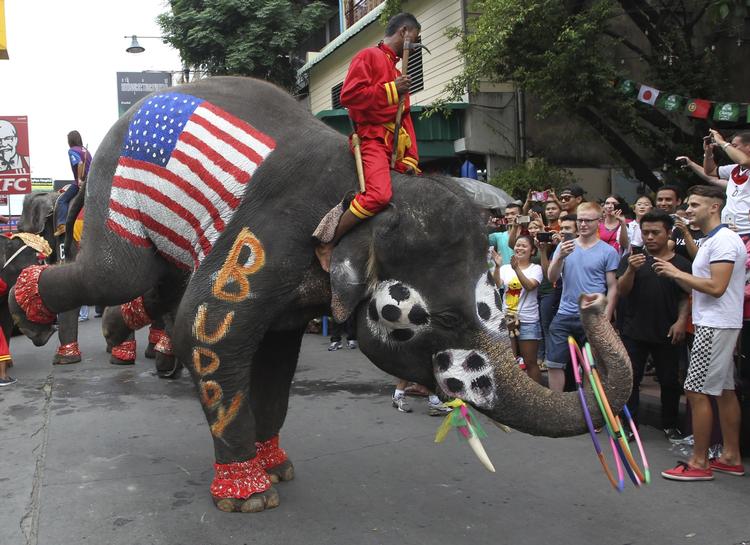 Turisme. Elefanter spiller fodbold og underholder turisterne i anledningen af foldbold-VM. Nu kan både lokale og turister gå ud og se fodbold på thailandske barer, da udgangsforbuddet er ophævet. 