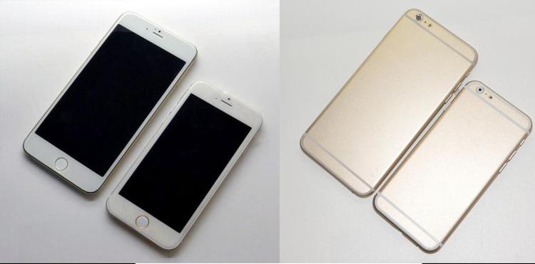 SPIONFOTO. Ovenstående billede viser angivelig en butiksdummy af iPhone 6 i to størrelser. Det er formentlig fordi det er en dummy, at Apple-logoet mangler bagpå. Kilden er nemlig den yderst troværdige blogger, Sonny Dickson. (Foto: Sonny Dickson/Twitter) 