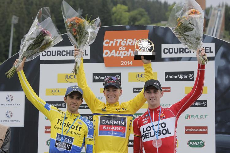 VERDENSETTER. Andenpladsen i Critérium du Dauphiné efter amerikaneren Andrew Talansky (i midten) sendte Alberto Contador (tv.) op som verdens nummer 1. 