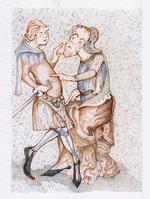 Sagategninger. En skægget herre løfter sin finger. Der er optræk til konflikt på tegningen, der stammer fra et middelalderligt islandsk håndskrift. Karin Birgitte Lund har tegnet den og andre billeder fra tiden af efter originalerne. De optræder nu som illustrationer i den første udgave af samtlige 40 islændingesagaer på dansk. Et fuldstændig gennemført værk på i al 5 bind. Illustration fra bøgerne 