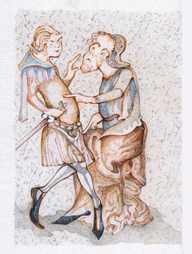 Sagategninger. En skægget herre løfter sin finger. Der er optræk til konflikt på tegningen, der stammer fra et middelalderligt islandsk håndskrift. Karin Birgitte Lund har tegnet den og andre billeder fra tiden af efter originalerne. De optræder nu som illustrationer i den første udgave af samtlige 40 islændingesagaer på dansk. Et fuldstændig gennemført værk på i al 5 bind. Illustration fra bøgerne 