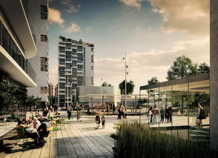 Byliv. Fire nye bypladser med cykelværksteder, markedspladser og græssende får skal skabe mere liv mellem husene i Brøndby Strand Parkerne. Illustration: Domus Arkitekter 