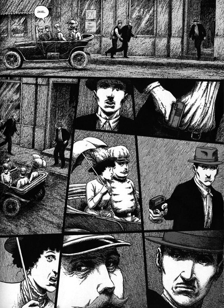 Skæbnesvangert. Gavrilo Princip og hans medsammensvorne havde en agenda, som handlede om at befri 'de unge slaver' fra Østrig-Ungarns herredømme. Tegning: Henrik Rehr 