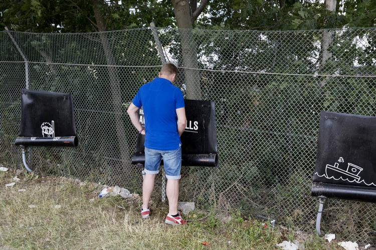 Tissehegn. Der er blevet sat 12 'peefences' op på festivalpladsen. 