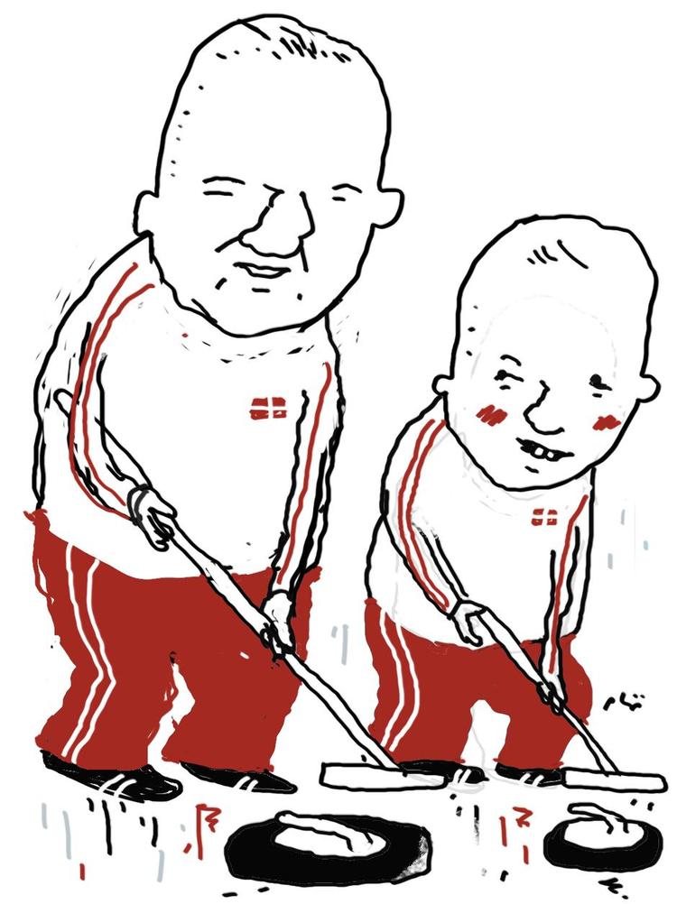 Tendens. Curlingforældrene har måttet lægge øre til en del kritik for deres vatindpakkede opdragelsesmetoder, men der findes altså forældre, der mestrer både curling og opdragelsens kunst. Tegning: Philip Ytournel 