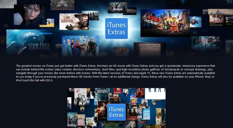 EKSTRAMATERIALE. iTunes Extras kravler nu ud fra den lille computerskærm og op på den store tv-skærm via en opdatering til AppleTV-boksen. (Foto: Screenshot/Apple) 