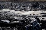 Styrt. En mand går i det afbrændte vragtrester efter MH17 
