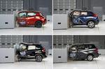 dumpet. Disse fire biler klarede sig kun til dumpekarakter i amerikansk crashtest. Det er Nissan Leaf, Nissan Juke, Fiat 500 L og Mazda 5. Foto. IIHS/AP 