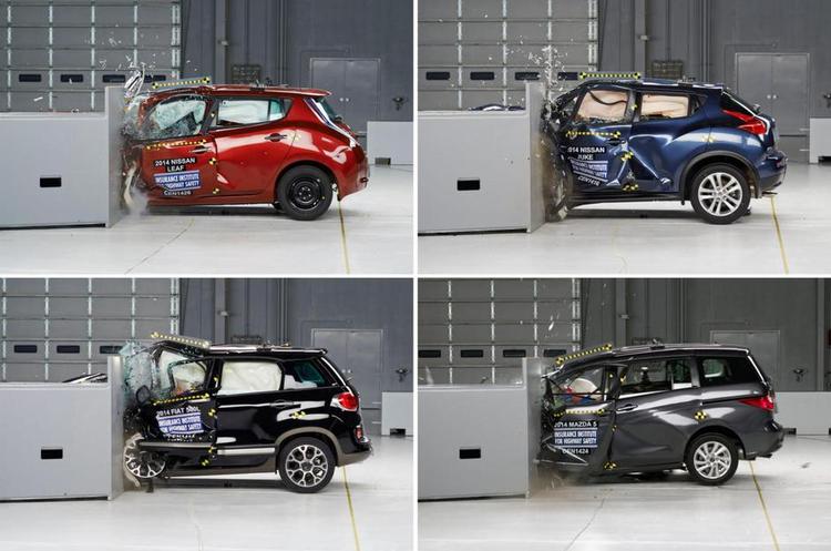 dumpet. Disse fire biler klarede sig kun til dumpekarakter i amerikansk crashtest. Det er Nissan Leaf, Nissan Juke, Fiat 500 L og Mazda 5. Foto. IIHS/AP 