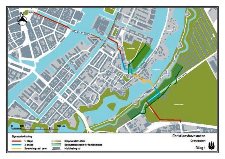 CYKELRUTE. Cykelstien langs Kløvermarken er allerede anlagt. Den skal fortsætte gennem Christiania (her markeret med gult) hen til de kommende havnebroer. Illustration: Københavns Kommune 