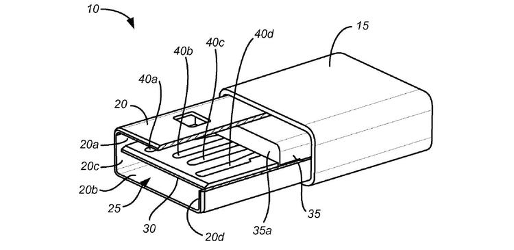 patent. Apples patenansøgning til en ændring af det nuværende usb-stik. Som det fremgår, er stikket ens, uanset om det vender den ene eller den anden vej. I midten er der en tynd plastmembran, der skiller de to halvdele ad. (Tegning: Apple) 