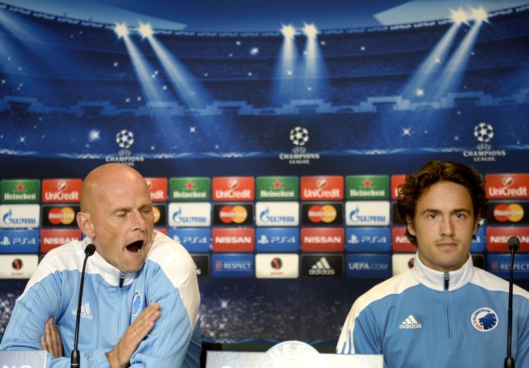 Gab. FCK-træner Ståle Solbakken og anfører Thomas Delaney skal i aften i ilden mod Leverkusen. 