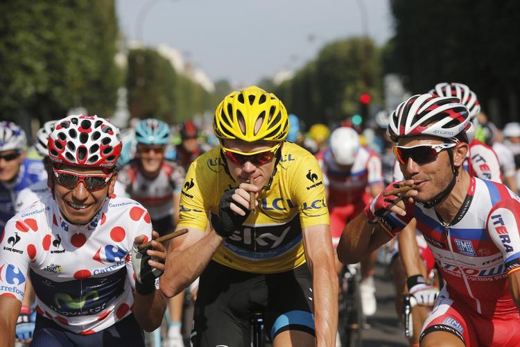 Cigarføring. Hvem der har den højeste cigarføring, finder vi ud af 14. september på den afsluttende Vuelta-etape.  Froome (i midten) er knap så stor favorit som Quintana (tv) og Rodriguez (th). 