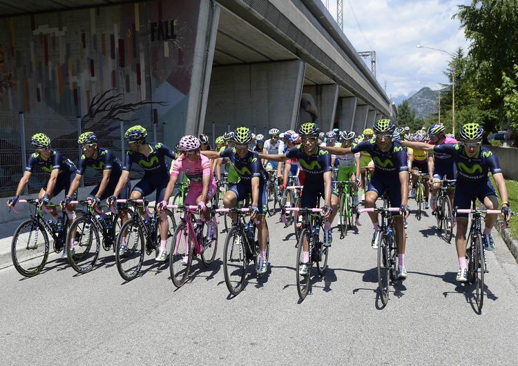 Movistar. Det spanske mandskab med bl.a. Nairo Quintana og Alejandro Valverde er blandt de store favoritter i det indledende holdløb. 