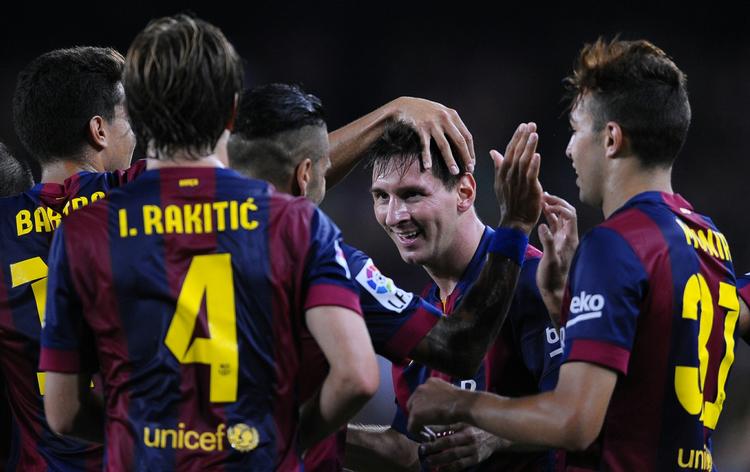 Messi. FC Barcelonas argentinske stjerne, Lionel Messi, scorede to mål i 3-0-sejren. 