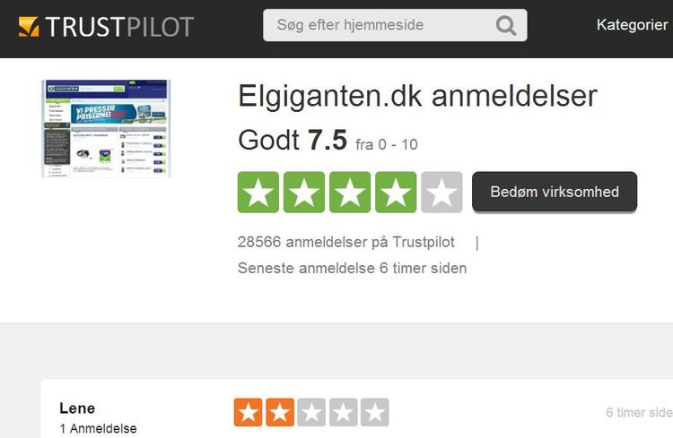usorteret. På Trustpilot ser virkelighedens billede af Elgiganten anderledes ud, end når Elgiganten hiver anmeldelser over på sin facebook-side. Her er alle anmeldelser super glade. (Skærmdump) 