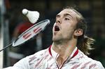 VM. Jan Ø. Jørgensen, Danmark vandt sikkert over Maxime Moreels, Belgien. i herresingle ved VM i badminton. 