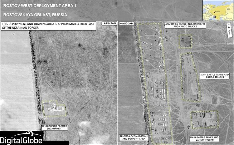 Dokumentation. Nato har offentliggjort en stribe satellitbilleder, som militæralliancen mener dokumenterer, at Rusland er militært tilstede i Ukraine. Billedet her viser kampvogne, bevæbnede tropper og militærtelte i et område, der var stort set tomt for to måneder siden, oplyser Nato. 