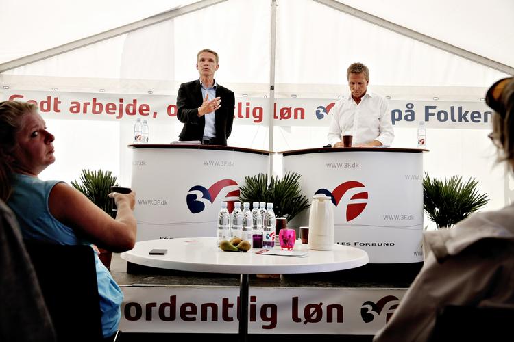 Kritikere. Dansk Folkepartis formand, Kristian Thulesen Dahl, og 3F's Per Christensen stødte hovederne sammen på Folkemødet i sommers. 