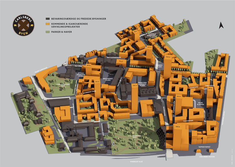 Humlen. De 12 nye vej- og pladsnavne er navngivet på traditionelt vis efter personer, man ønsker at hædre, samt områdets historiske funktion som bryggeri. OBS: Klik på billedet for at se det i større format. Illustration: Carlsberg Byen. 